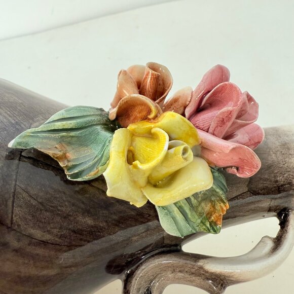 Capodimonte Bud Vase VTG Italian Dual Handles Flared Rim Applied Roses Floral - Picture 16 of 16